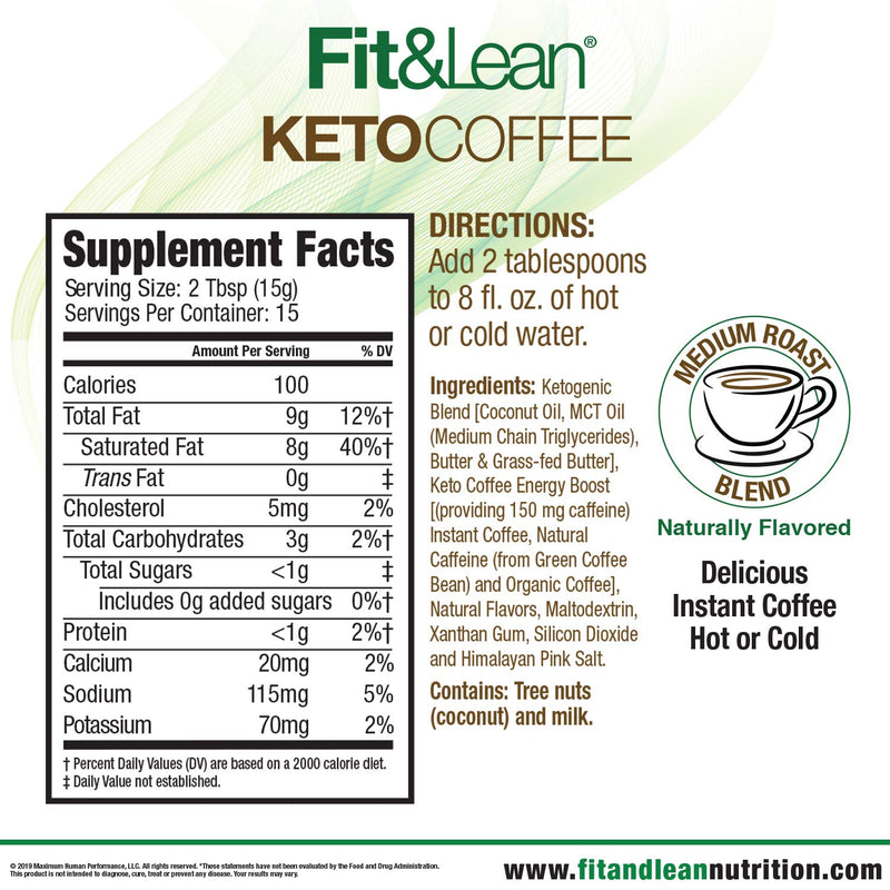 Fit & Lean Keto Coffee Premium Gourmet Ketogenic Medium Roast Instant Coffee Blend, Natural Flavors, 7.93 oz